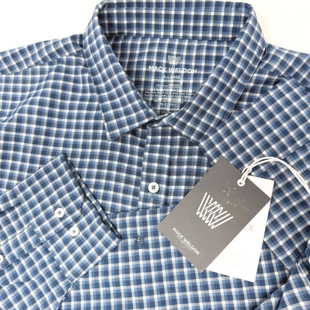 Mack Weldon Airflex Shirt Mens XL True Navy Gingham Seawool Button‎ Down NEW